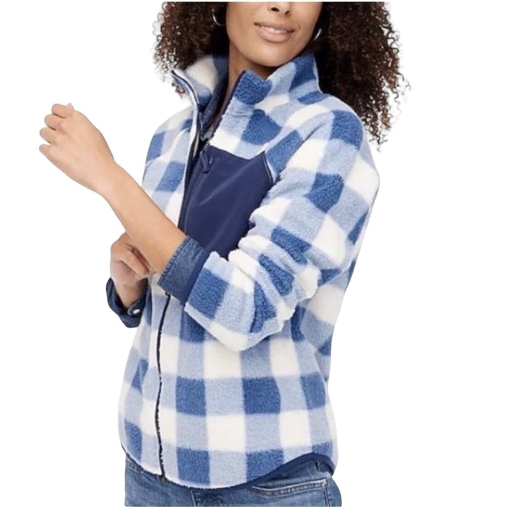 J. CREW Factory NWT Woven Sherpa Fleece Zip Up Jacket Size Large in Blue Check